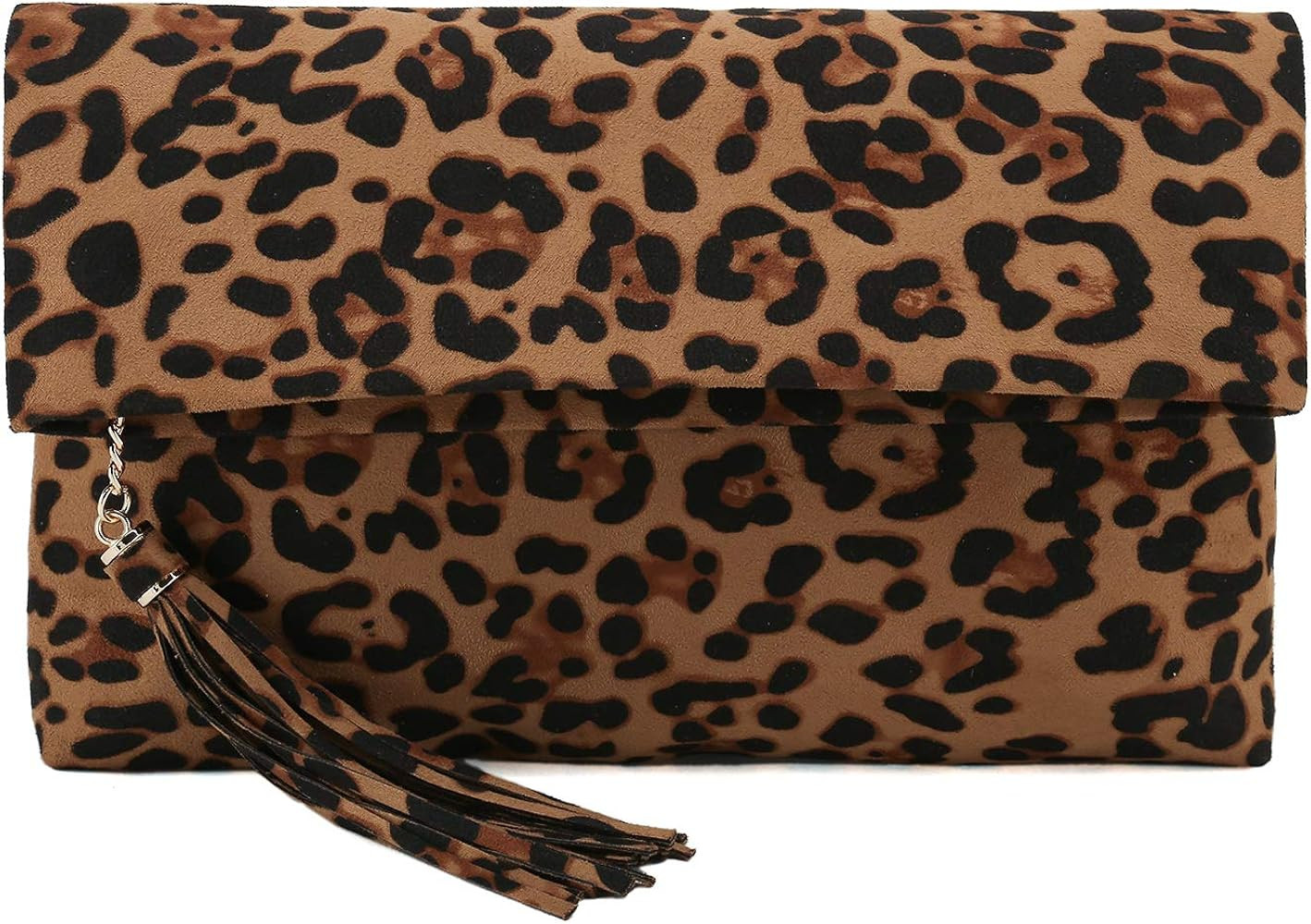 Leopard Clutch Bag for Women Tassel Foldover Clutch Faux Suede Dressy Purse for Day to Evening | Amazon (US)