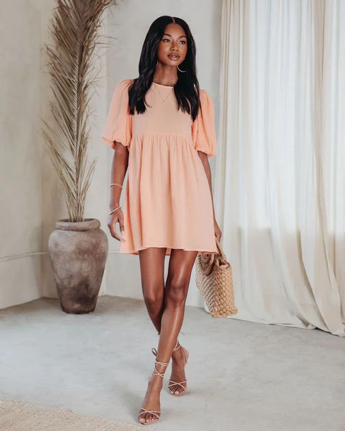 Such A Breeze Cotton Puff Sleeve Babydoll Dress - Peach | VICI Collection