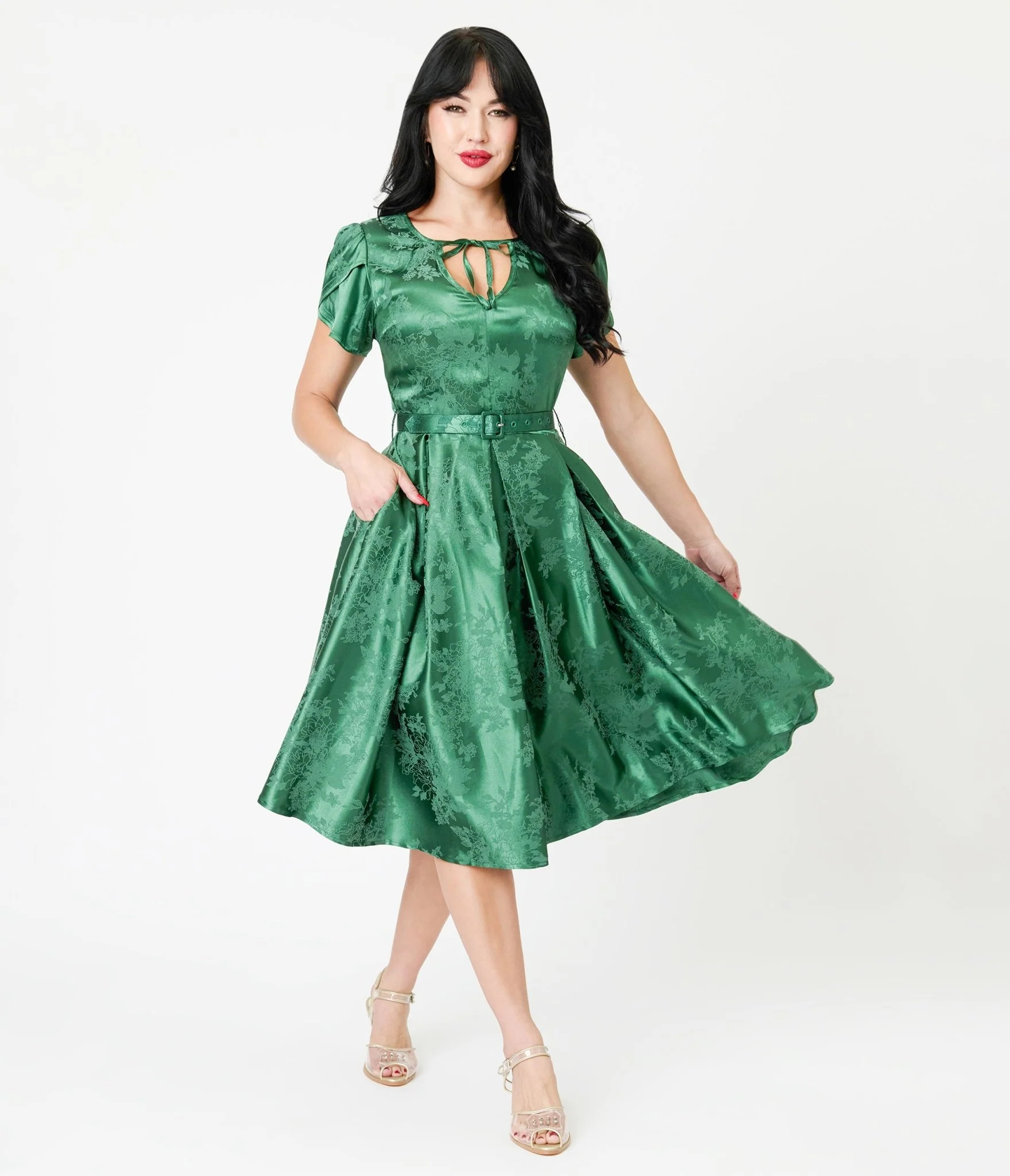 Unique Vintage Emerald Green Floral Print Dahlia Swing Dress | Unique Vintage - North America