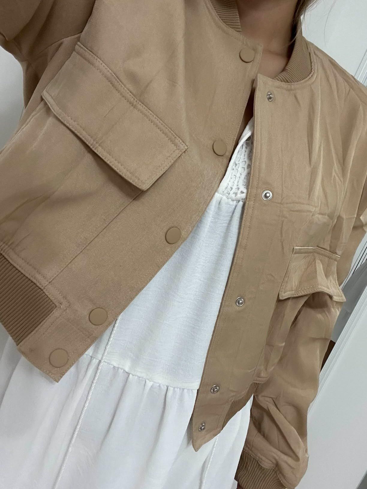 GXFGZZRS Women's Bomber Jacket Cropped Casual Button Down Baseball Jackets Long Sleeve Windbreake... | Amazon (US)