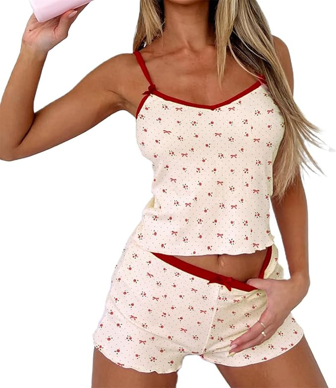 Women Valentine 2 Piece Shorts Set Bow Print Low Cut Backless Crop Camisole Low Rise Mini Shorts ... | Amazon (US)