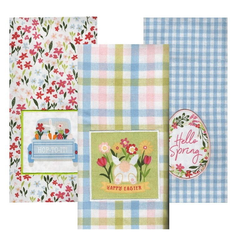 Kane Check Plaid Floral Dish Towels, 3 Piece Easter, Spring Bunny Truck Cotton Flat Kitchen | Walmart (US)