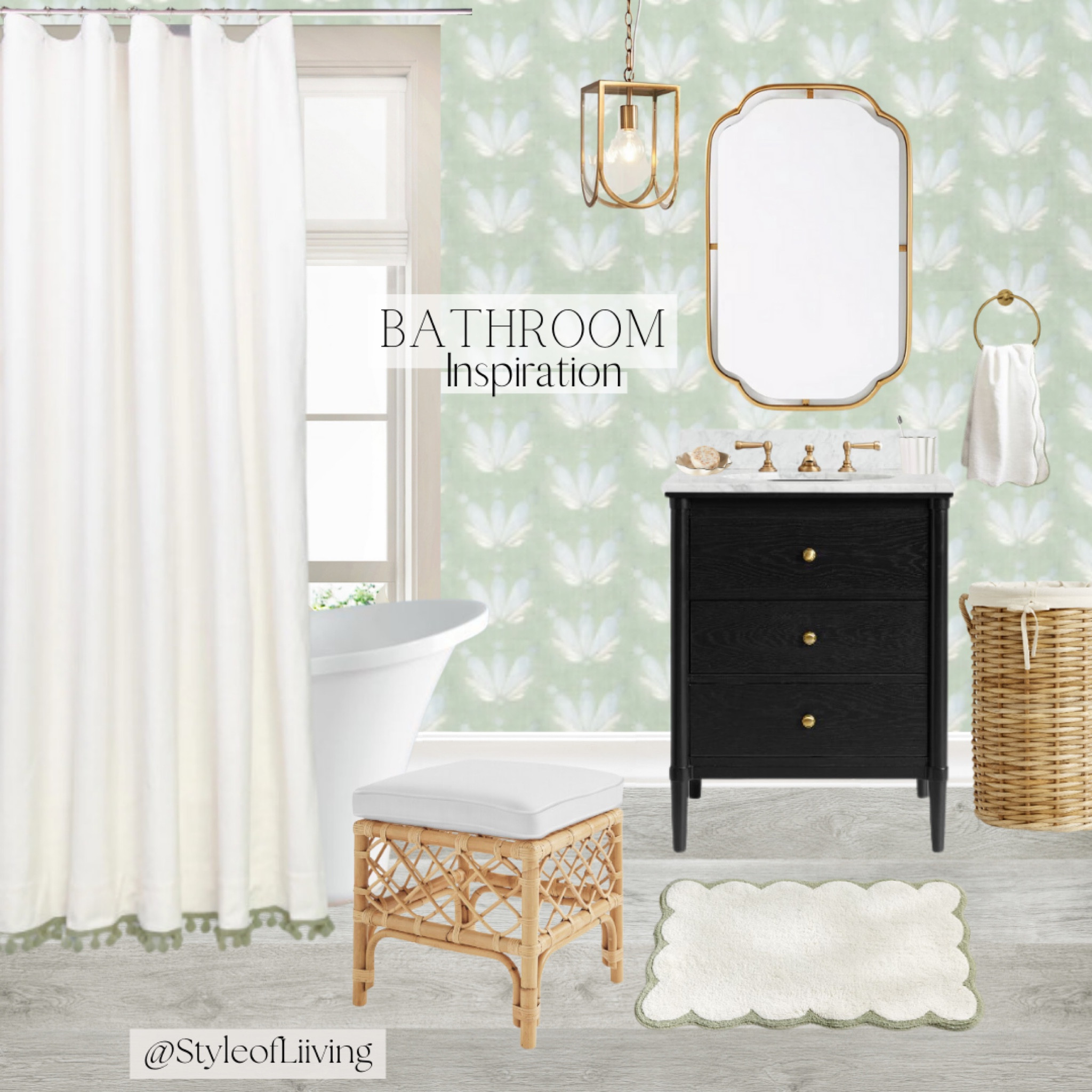 Bathroom design inspiration! Shower curtain and wallpaper from Pepper Home. Vanity, scalloped bath mat, laundry basket hamper, hand bath towels Pottery Barn, woven stool Serena and Lily, light pendant chandelier, soap dish, tooth brush holder, wall mirror gold brass Anthropologie. Sage green elements. #bathroom #homedecor 

#LTKhome #LTKstyletip #LTKfamily