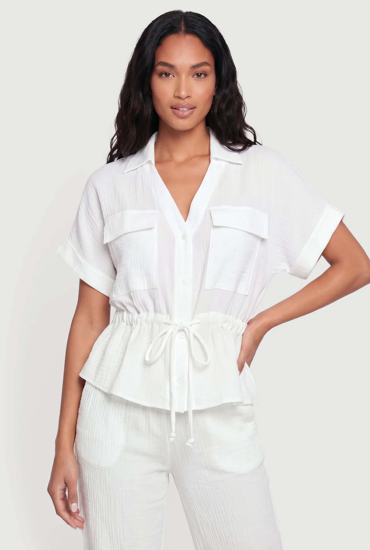 Collared Drawstring Waist Button Front Shirt | Rainbow Shops