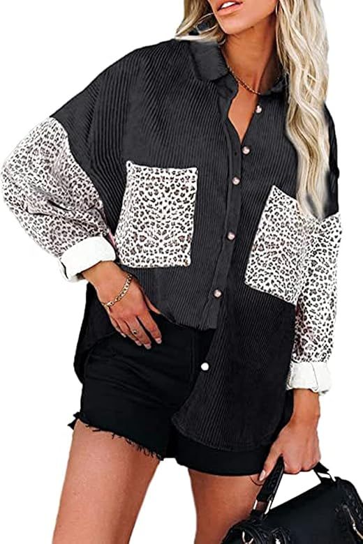 Women's Corduroy Button Down Pocket Shirts Casual Long Sleeve Oversized Blouses Tops | Amazon (US)