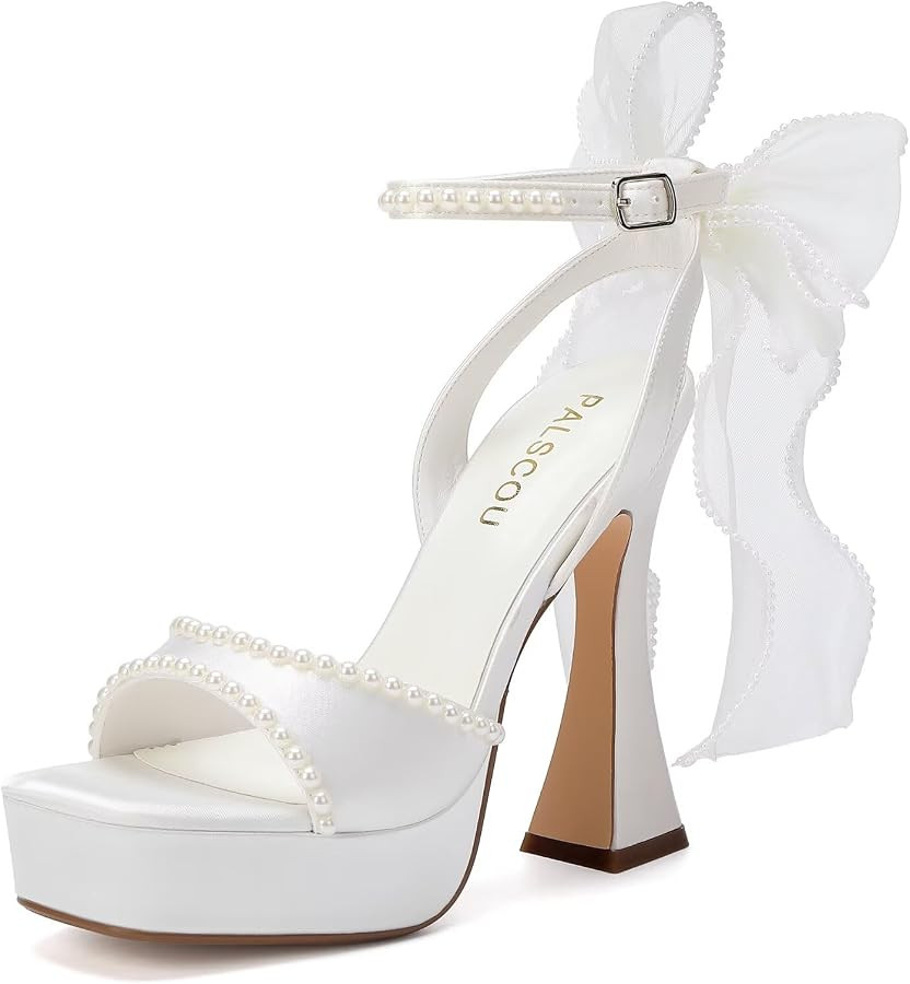 Platform Wedding Shoes for Bride with Bow Pearl Heels Open Toe Bridal Shoes High Heel Wedding San... | Amazon (US)
