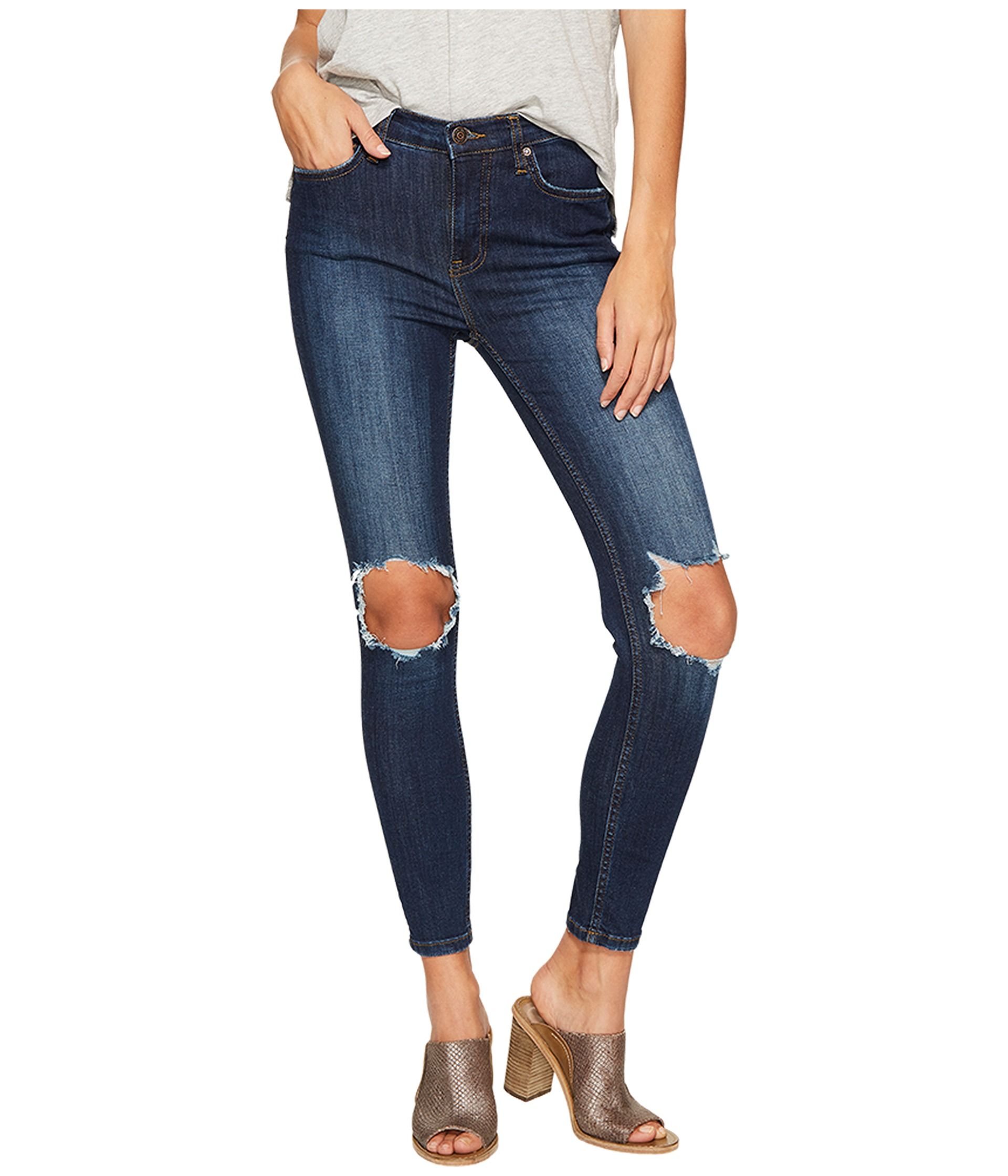 Free People High-Rise Busted Skinny in Dark Blue | Zappos