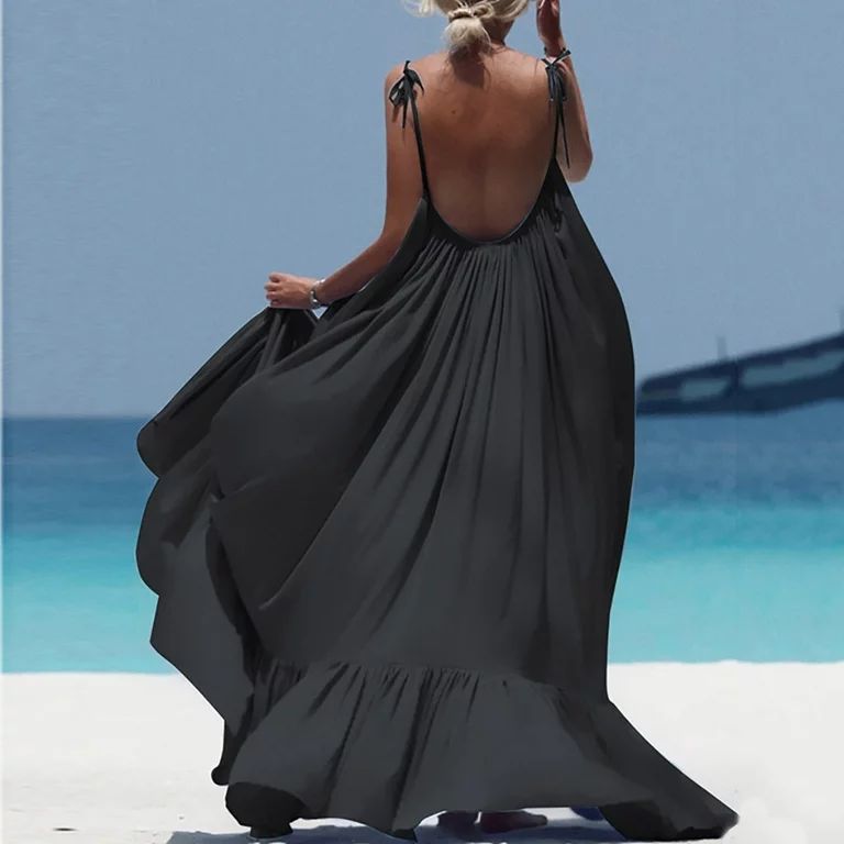Mnycxen Women Boho Maxi Solid Sleeveless Long Backless Dress Evening Party Beach Dress | Walmart (US)