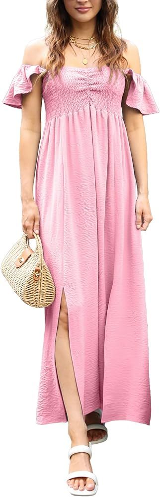 Anna-Kaci Women's Flutter Cap Sleeve Shirred Smocked Bodice Maxi Dress with Front Slits | Amazon (US)