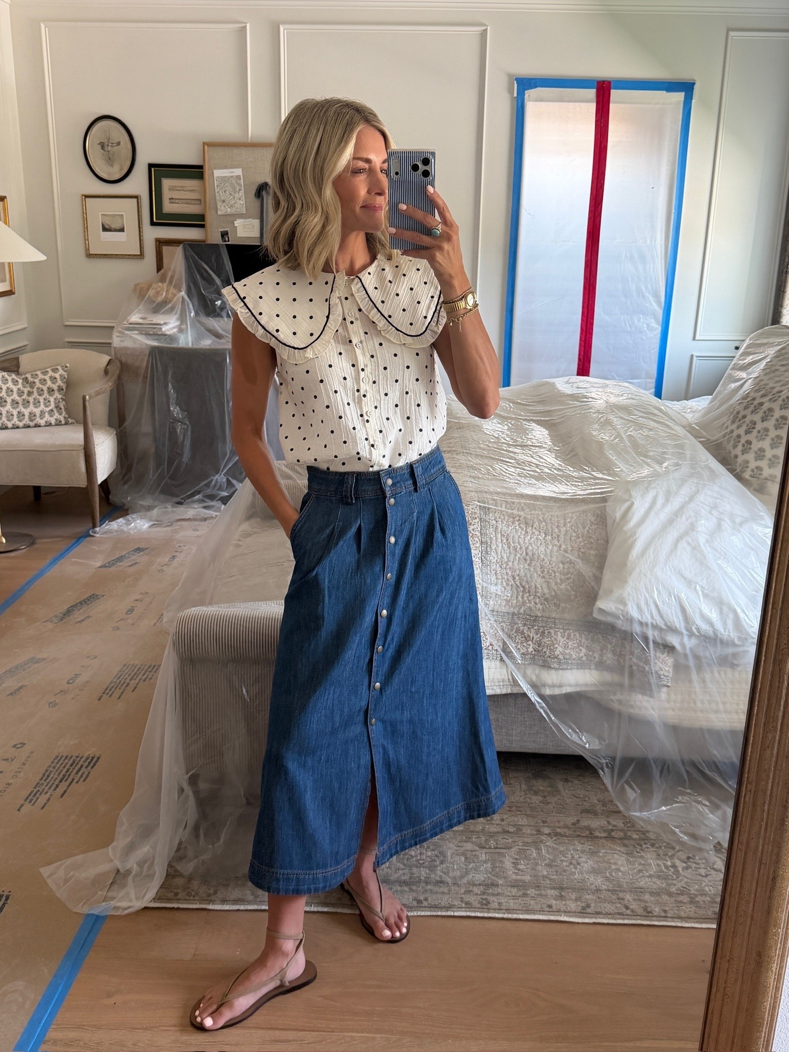 The perfect Sunday ootd 🤍 Love this midi length denim skirt and polka dot blouse. A classic combo you can’t go wrong with. 🙌🏻

#LTKgrwm #LTKootd #LTKmomlife