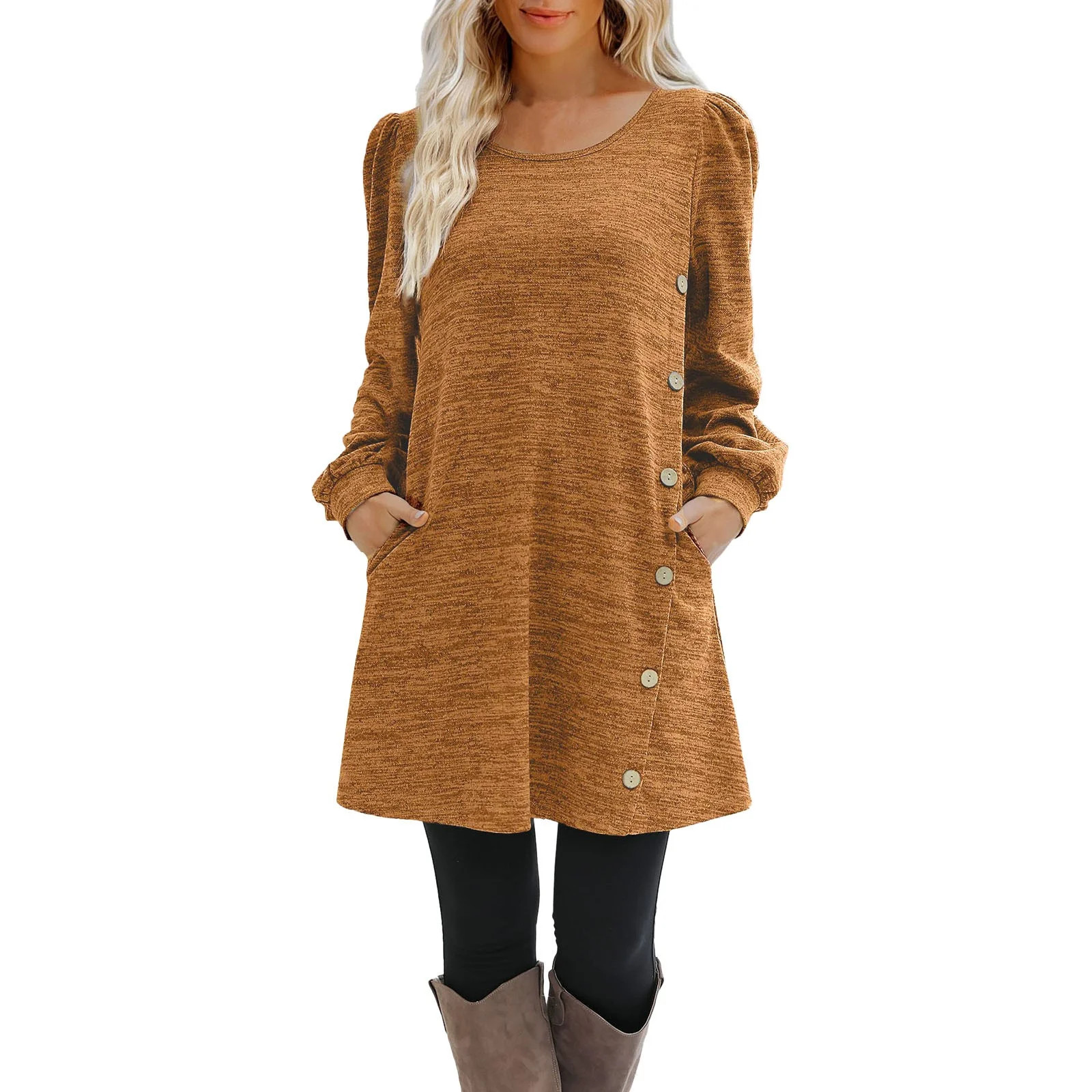 SEMIMAY Women's Long Sleeve Dresses Button Side Scoop Neck Fall Dress Tunic With Pockets - Walmar... | Walmart (US)