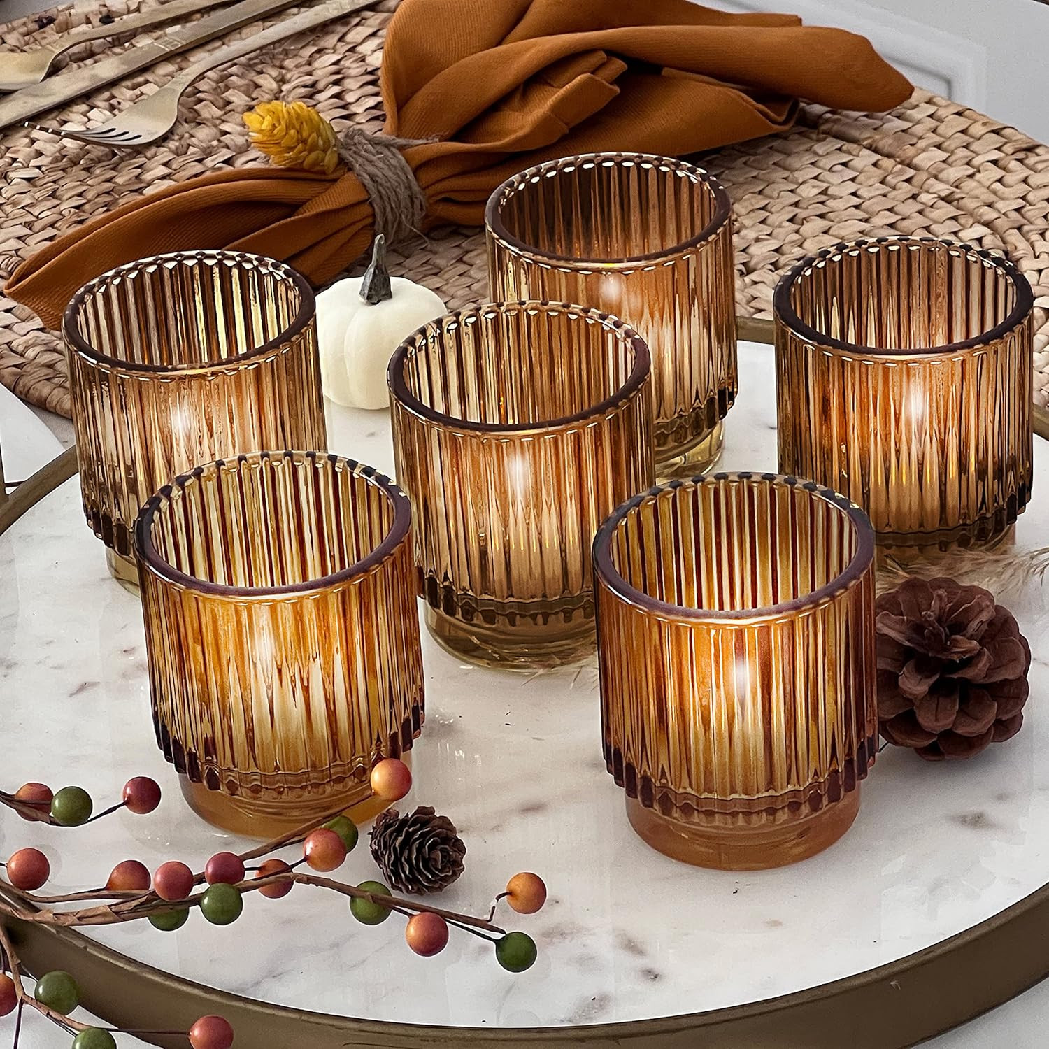 Kate Aspen Vintage Ribbed Amber Glass Tealight & Votive Candle Holders (Set of 6), Fall Decor, Bo... | Amazon (US)