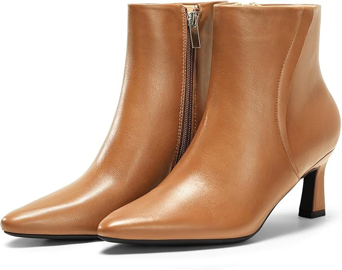 Coutgo Womens Ankle Boots Kitten Low Heel Closed Pointed Booties Side Zipper Winter Dress Shoes | Amazon (US)