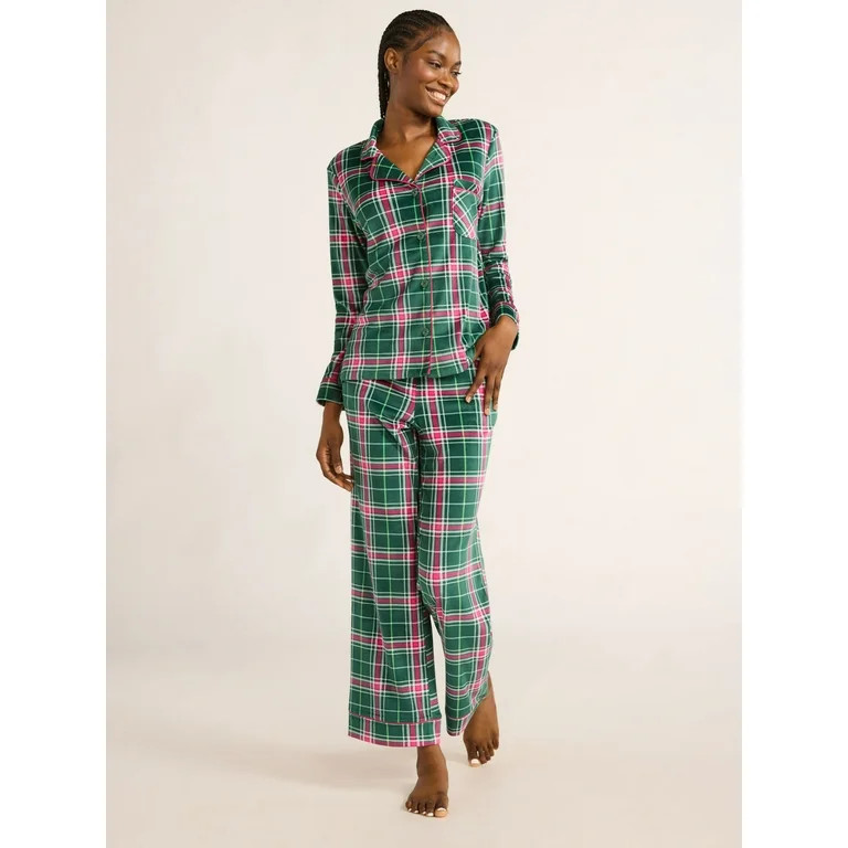 Joyspun Women's Velour Notch Collar Top and Pants Pajama Set, 2-Piece, Sizes S-3X | Walmart (US)