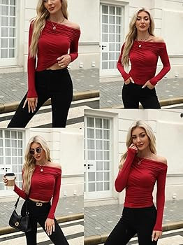 Zeagoo Womens Long Sleeve Off The Shoulder Casual Crop Tops Boat Neck Going Out Slim Fit Y2K T Sh... | Amazon (US)