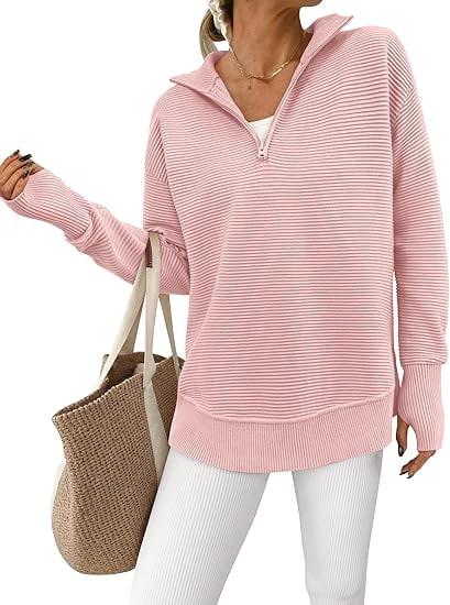 PRETTYGARDEN Womens Long Sleeve Quarter Zip Pullover Sweater Casual Loose V Neck Collared Ribbed ... | Walmart (US)