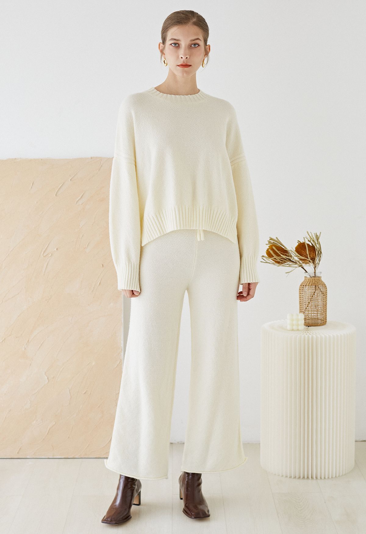 Waffle Knit Hi-Lo Sweater and Wide Leg Pants Set in Cream | Chicwish
