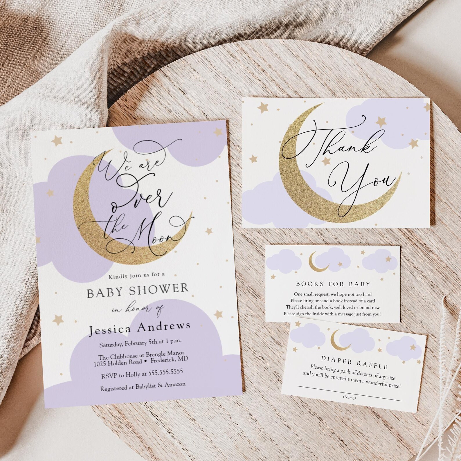 Over the Moon Purple Baby Shower Invitation Set | Printable Diaper Raffle & Thank You Cards | Ins... | Etsy (US)