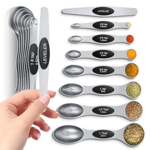 Magnetic Measuring Spoons Set with Strong N45 Magnets, Heavy Duty Stainless Steel Metal, Fits in Most Kitchen Spice Jars for Baking & Cooking, BPA Free, Multicolor, Set of 8 with Leveler（Black) | Amazon (US)