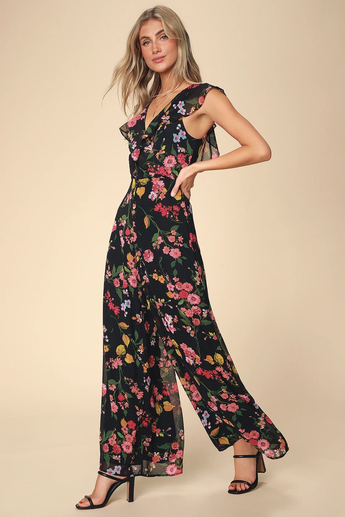 Blooming Love Black Floral Print Ruffled Jumpsuit | Lulus