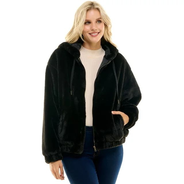 Time and Tru Women's Faux Fur Zip Up Hoodie, Sizes XS-3X - Walmart.com | Walmart (US)