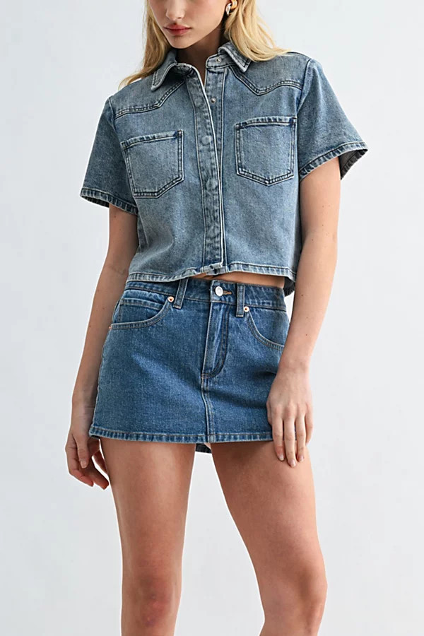 Jemina Denim Muse Cropped Shirt Top in Tinted Denim, Women's at Urban Outfitters | Urban Outfitters (US and RoW)