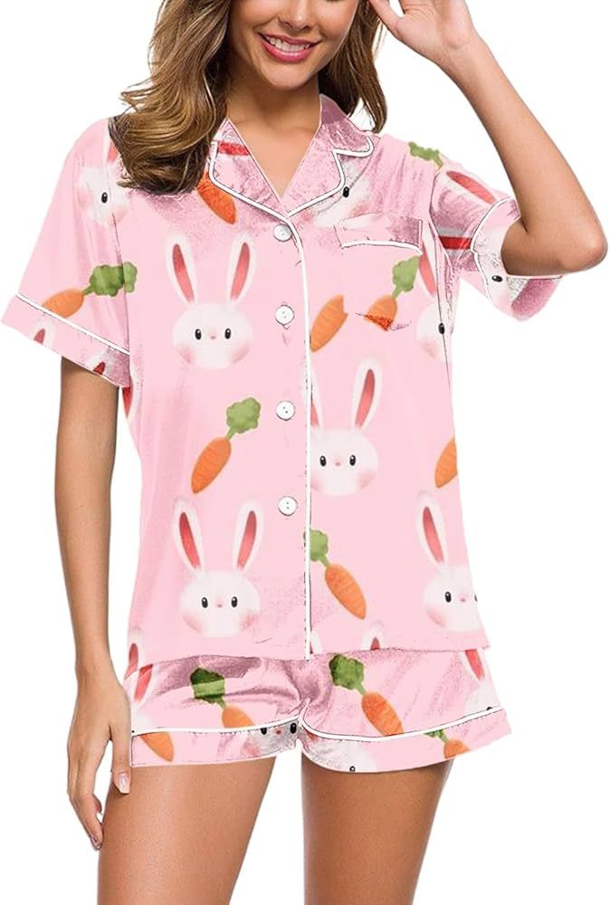 Women Easter Bunny Pajamas Set Button Down Sleepwear Y2K Short Sleeve Nightwear with Long Pants S... | Amazon (US)