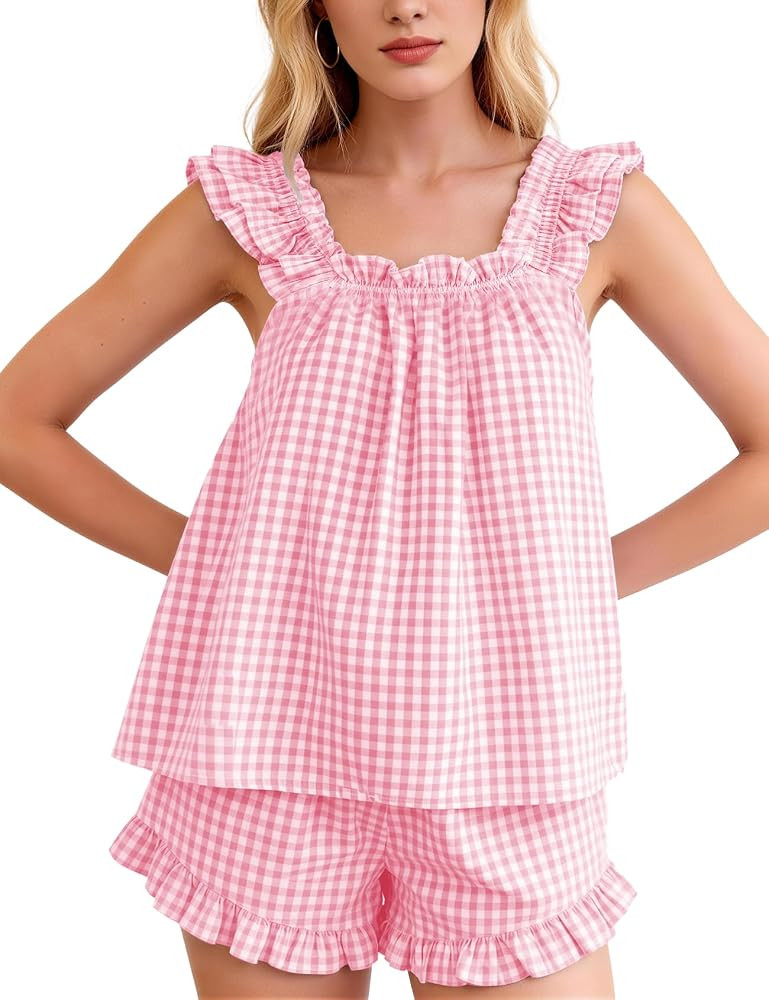 Flygo Pajama for Women Sets 2 Piece Summer Gingham Ruffle Trim Cami Top Short Sets Y2K Cute Plaid... | Amazon (US)