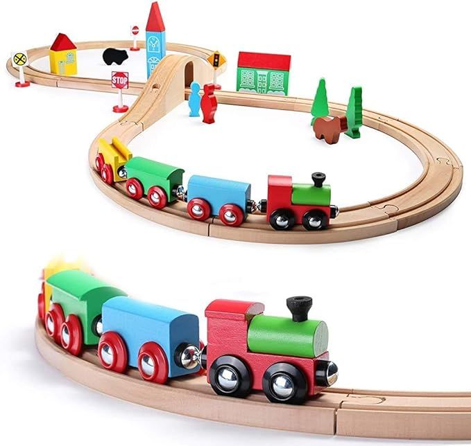 SainSmart Jr. Wooden Train Set for Toddler with Double-Side Train Tracks Fits Brio, Thomas, Melis... | Amazon (US)