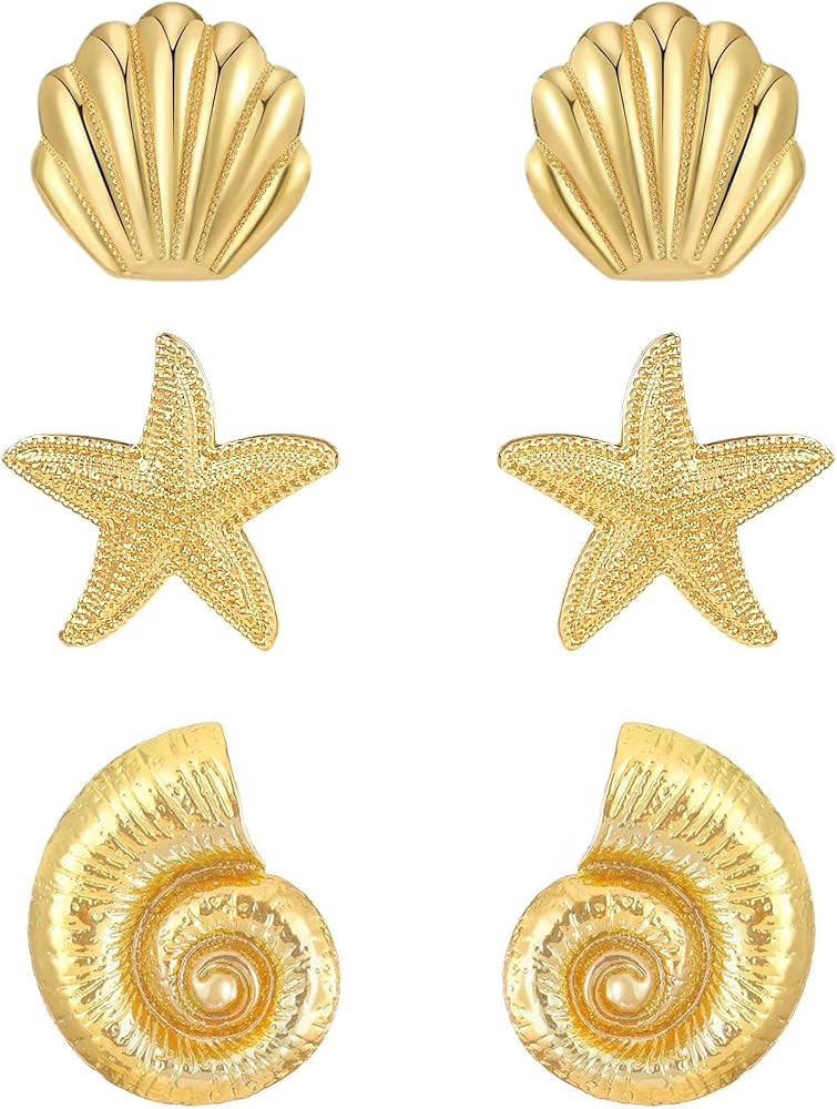 3 Pairs Beach Earrings for Women 14K Gold Statement Earrings Summer Ocean Jewelry Starfish Conch ... | Amazon (US)