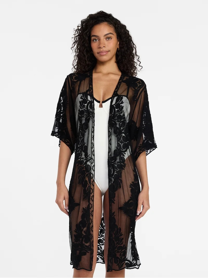 Time and Tru Women's Lace Coverup, Sizes XXL/XXXL, Black Soot | Walmart (US)