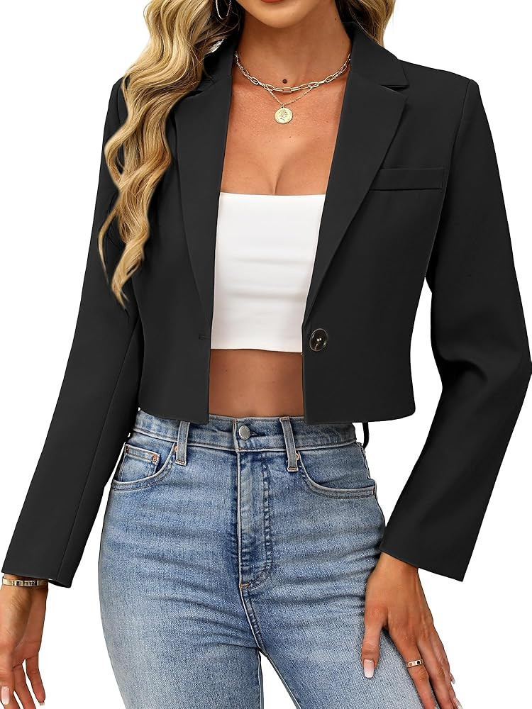 ELLEVEN Women’s Cropped Blazer Business Casual Open Front Long Sleeve One Button Jacket | Amazon (US)
