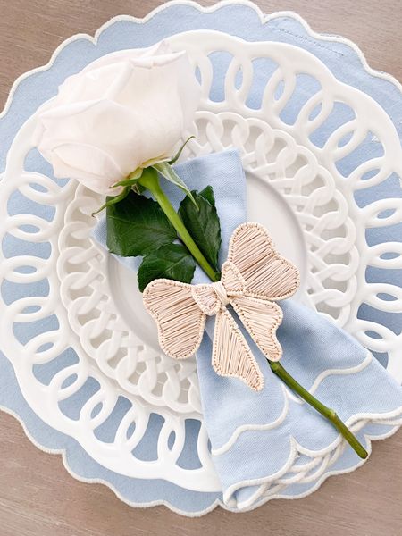 Pretty placesetting 🤍 

{Grace rose farm roses, bow napkin ring, scalloped plates, blue placemats, Amazon finds}

#LTKhome
