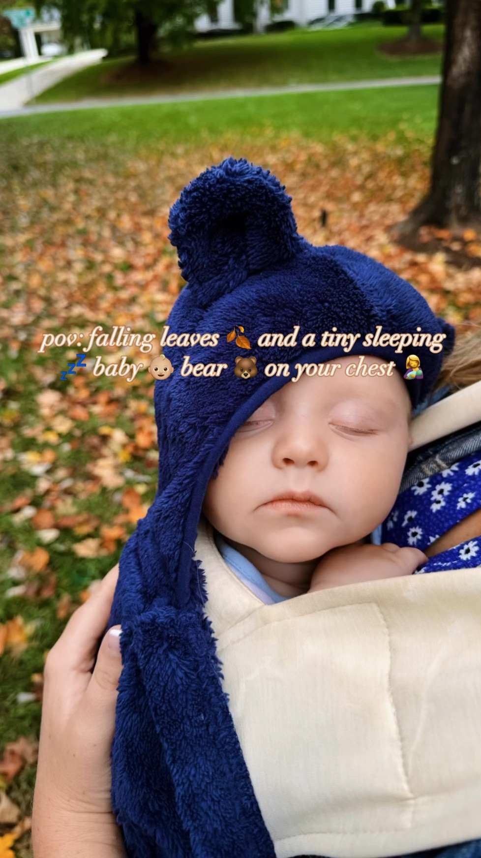 Nothing like a snuggly 🥰 sleepy 💤 little fall baby 👶🏼 bear 🐻 on your chest 🤱 with the most gorgeous falling leaves 🍂🍁🍃all around ✨ A new cuddly baby just in time for the fall season truly is my version of heaven on earth 🥹🫶🏽🤱 #babyandleaves #babyinthefall #halloweek #firstfallasafamilyoffour #babysfirstfall #babysfirstfallseason #babyinthefall #fallbliss #raisingbabiesera #simpleandsweetliving #joyfulmotherhood #sahm #fallwithanewbaby #snugglybabybear #babywearinginthefall 

| Motherhood | Country Living | Homemaker | Chickens | Gardening | Stay at Home Mom | Chasing Dreams | Flowers | Joyful Motherhood | Faith | Fall at Home | Fall Season | Fall with Littles | Baby’s First Fall | Newborn and Toddler Days | Boy Mama x 2 | Fall with a New Baby

…

#emilysayswes #judsoncarpentermabry #levirhettmabry #emilymabrycreativeblog 
#mommyblogger #stayathomemommy #newbornandtoddlerdays #twounderthree #boymamax2 #chasingdreamschasingbabies #thesearethedays #mamaoftwo #fallwithbabies #LTKFall #LTKfamily #LTKBaby @shop.ltk 

#LTKSeasonal #LTKFamily #LTKBaby