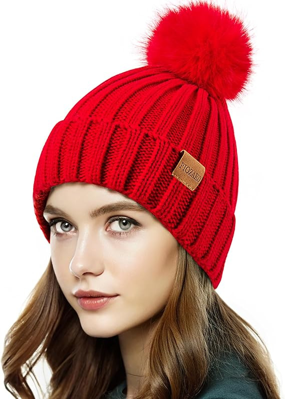 Womens Winter Beanie Hat Fleece Lined Warm Skull Cap with Faux Fur Pom Cuff Knitted Hat for Women | Amazon (US)