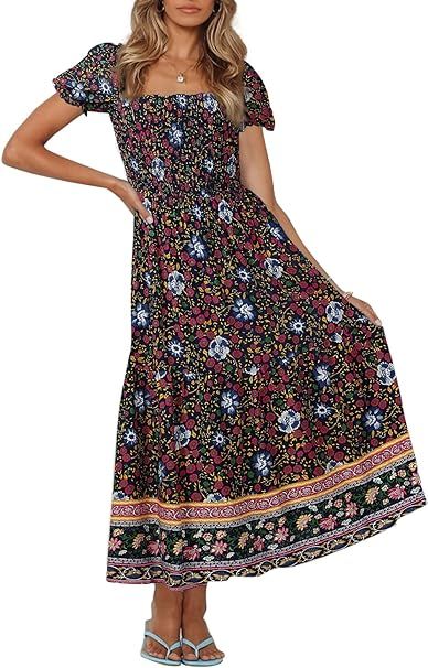 ZESICA Women's 2024 Summer Boho Floral Print Square Neck Ruffle Swing Beach Long Maxi Dress | Amazon (US)
