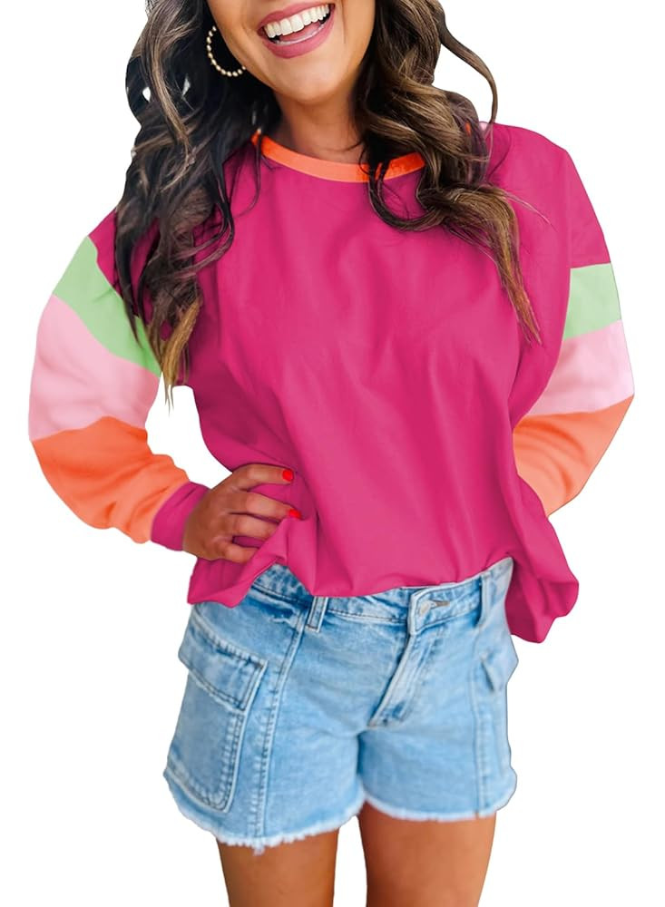 miduo Womens Long Sleeve Tops Color Block Stitching Casual Loose Fit Crew Neck Shirts Blouses | Amazon (US)