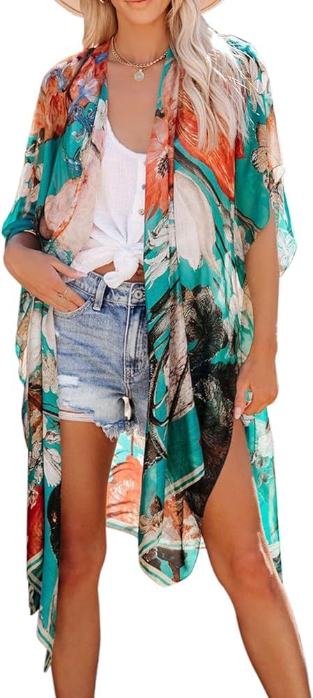 Women's Beach Cover up Swimsuit Kimono with Boho Floral Print Casual Loose Cardigans for Swimwear | Amazon (US)