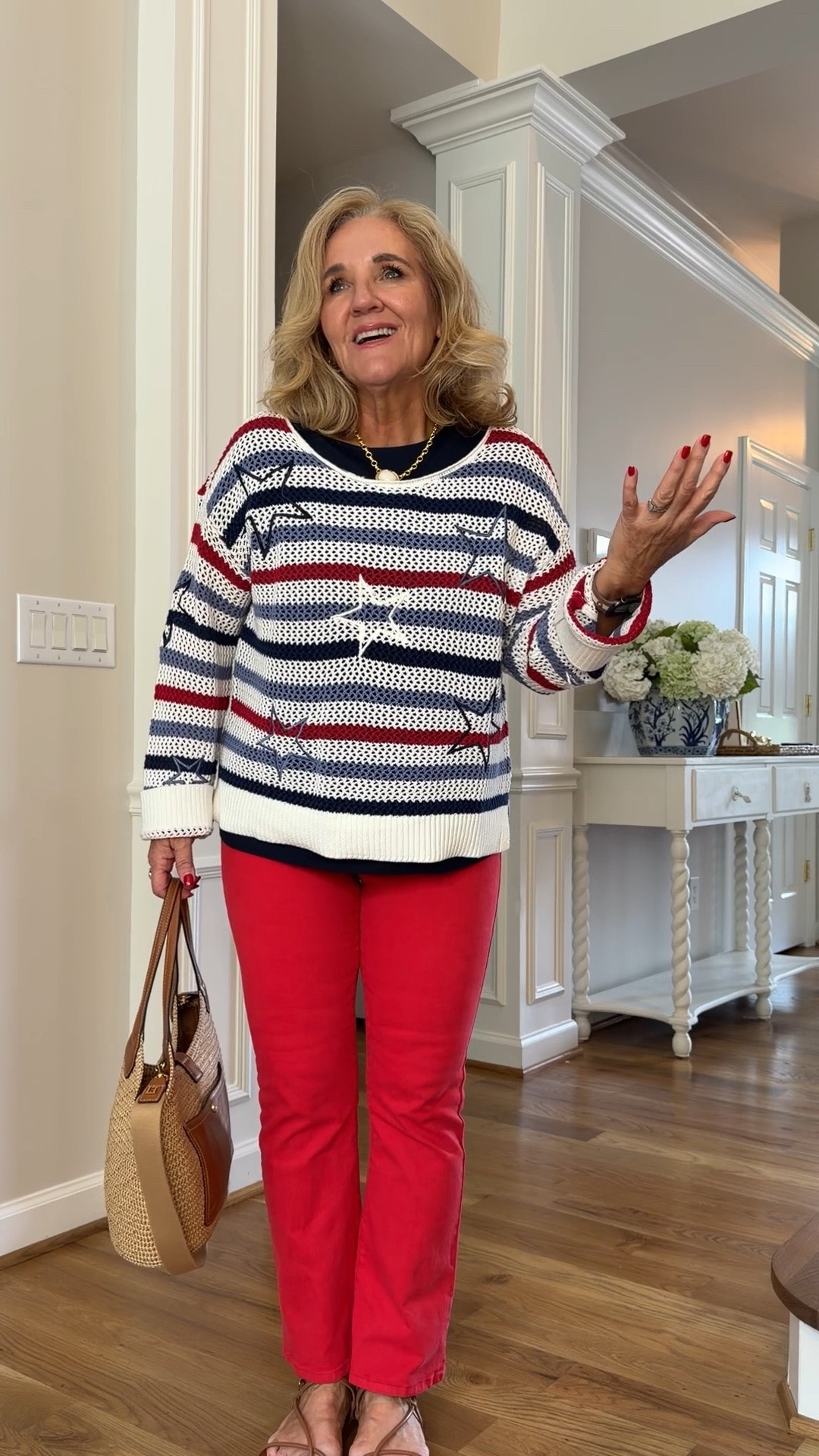 Loft outfit! Sweater and tee size medium 
Jeans size 29 reg and def size up if inbetween or you don’t want them snug 
10% off my tote with code NANETTE
4th of July summer outfit flag sweater red jeans

#LTKSaleAlert #LTKOver40 #LTKSeasonal