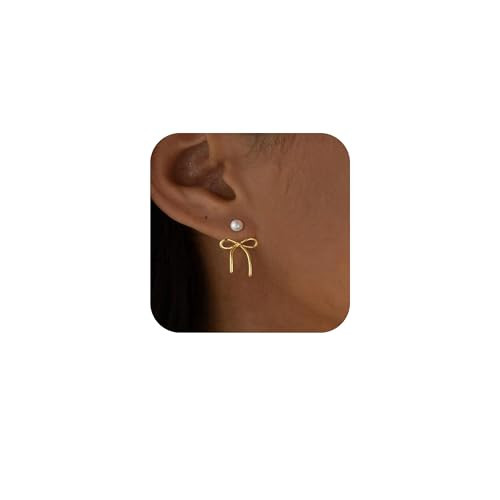 Eaciy Pearl Bow Earrings for Women, 14K Gold Plated Gold Hoop Earrings Trendy Dainty Bow Pearl Earrings Gold Jewelry Hoop Earring for Women | Amazon (US)