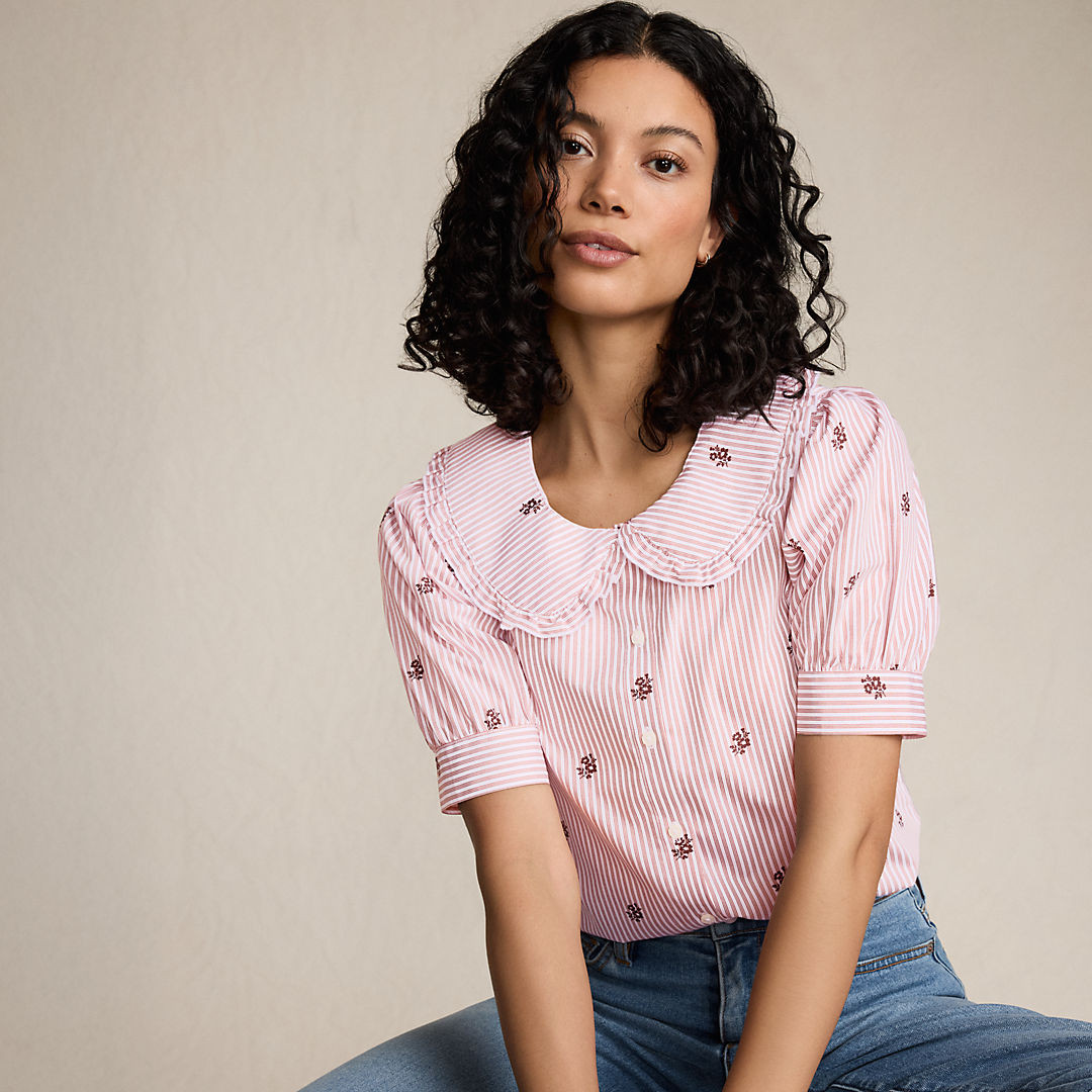 Women's Carefree Cotton Puff Sleeve Statement Collar Shirt | Lands' End (US)