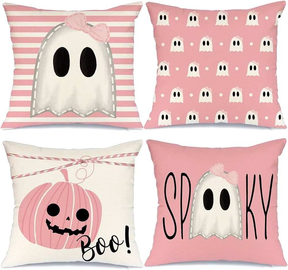 AACORS Halloween Pillow Covers 18 x 18 Inch Set of 4, Striped Polka Dots Spooky Ghost Jack O'Lant... | Amazon (US)