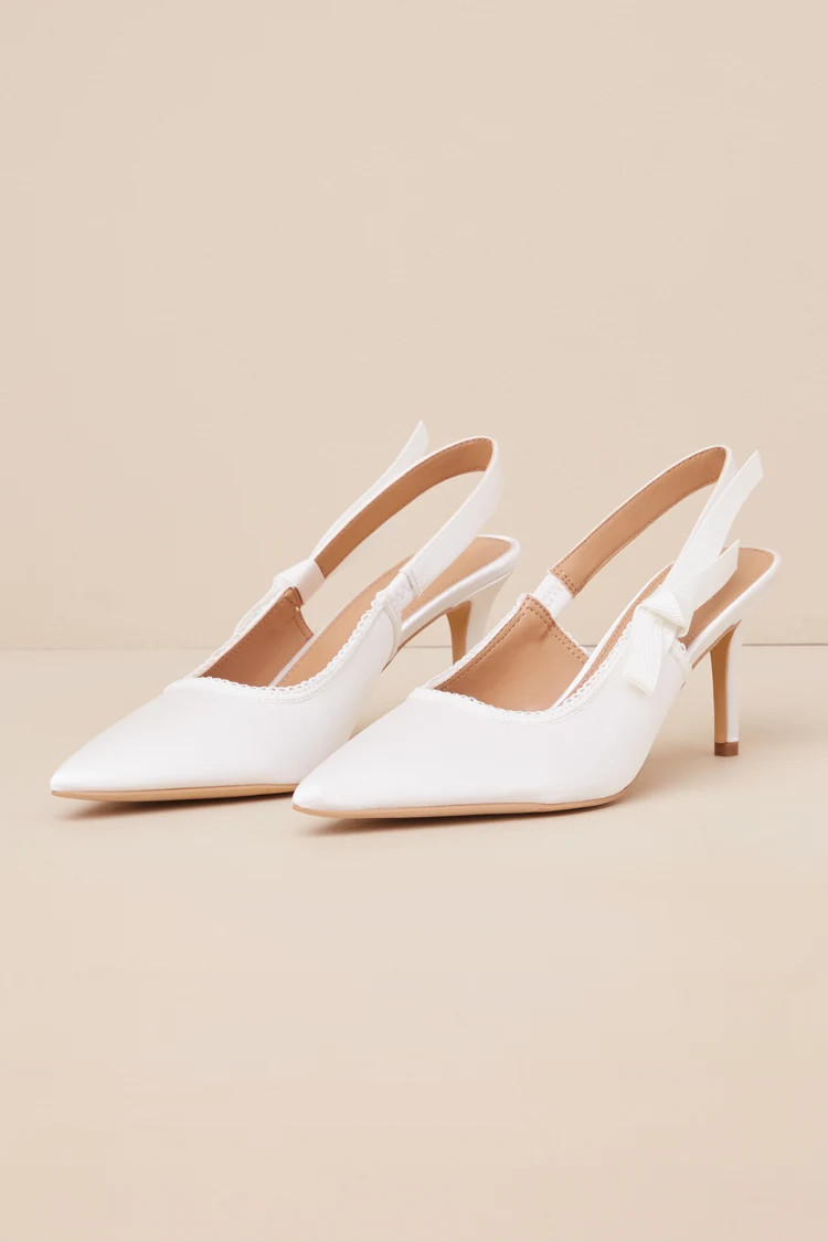 Ancolie White Satin Bow Pointed-Toe Slingback Pumps | Lulus