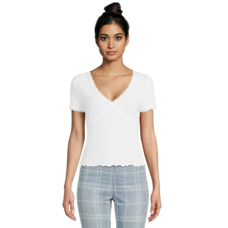 No Boundaries Juniors Lace Trim Ribbed T-Shirt, Sizes XS-XXXL | Walmart (US)