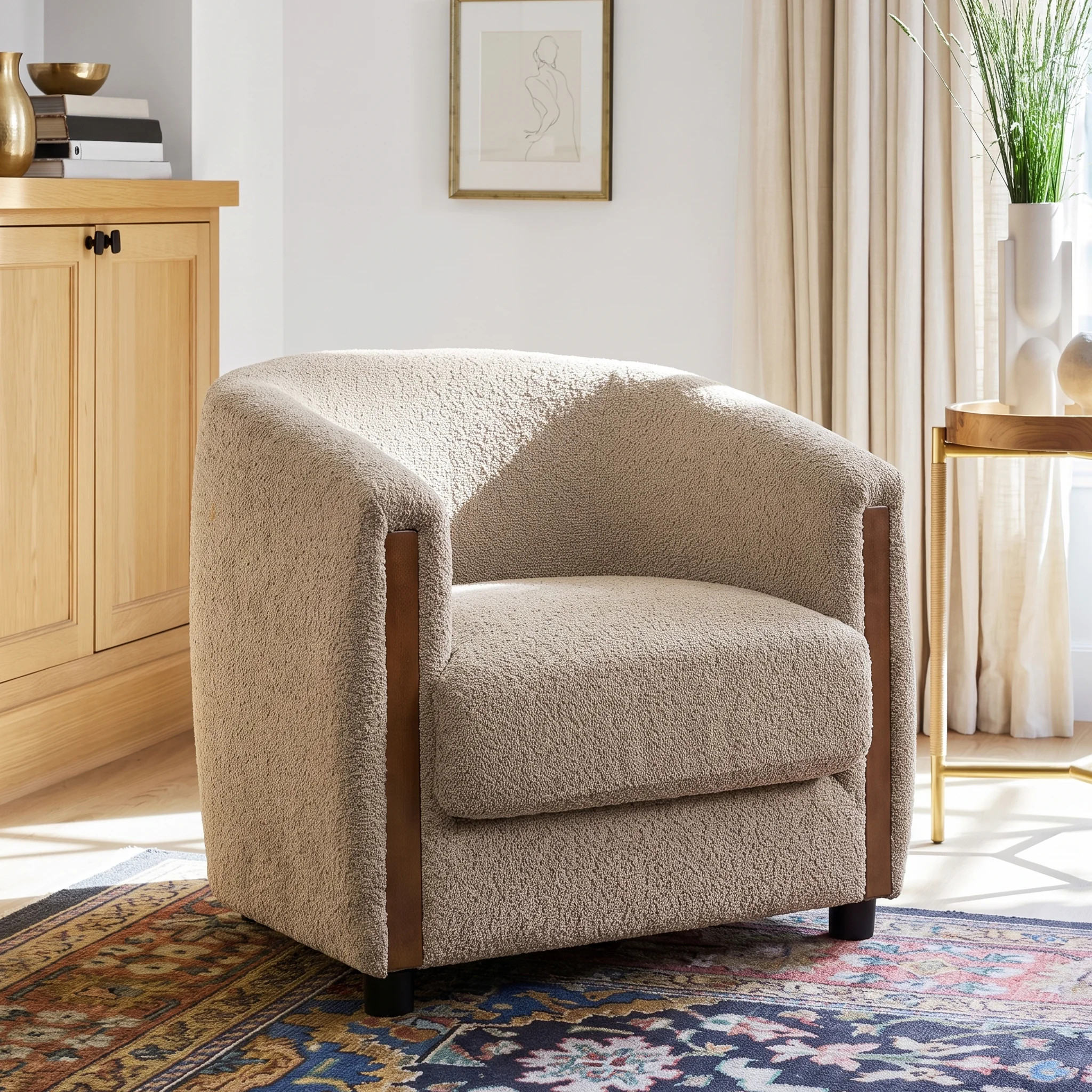 Hartwell 31.8" Organic Modern Boucle Barrel Accent Chair with Wood Side Panels for Living Room, Bedroom, Entryway | Wayfair North America