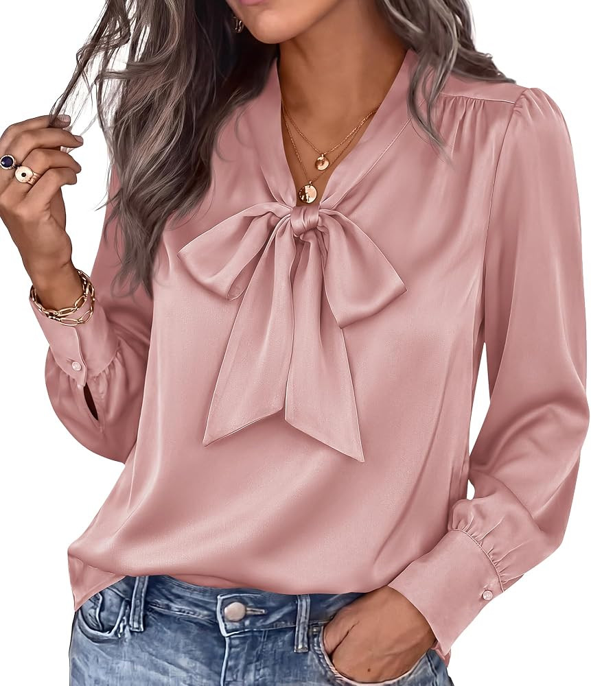 BTFBM Women Satin Blouses Bow Tie Work Business Casual Tops | Amazon (US)