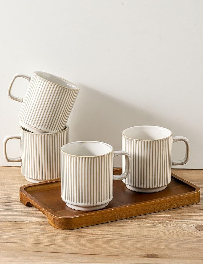 Coffee Mugs Set of 4, Ceramic Ribbed Coffee Mug, Tea Coffee Cups Set with Handle, Porcelain Mug f... | Amazon (US)