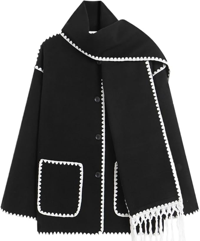 Women's tassel scarf wool coat two-piece set loose button open top wool coat jacket | Amazon (US)