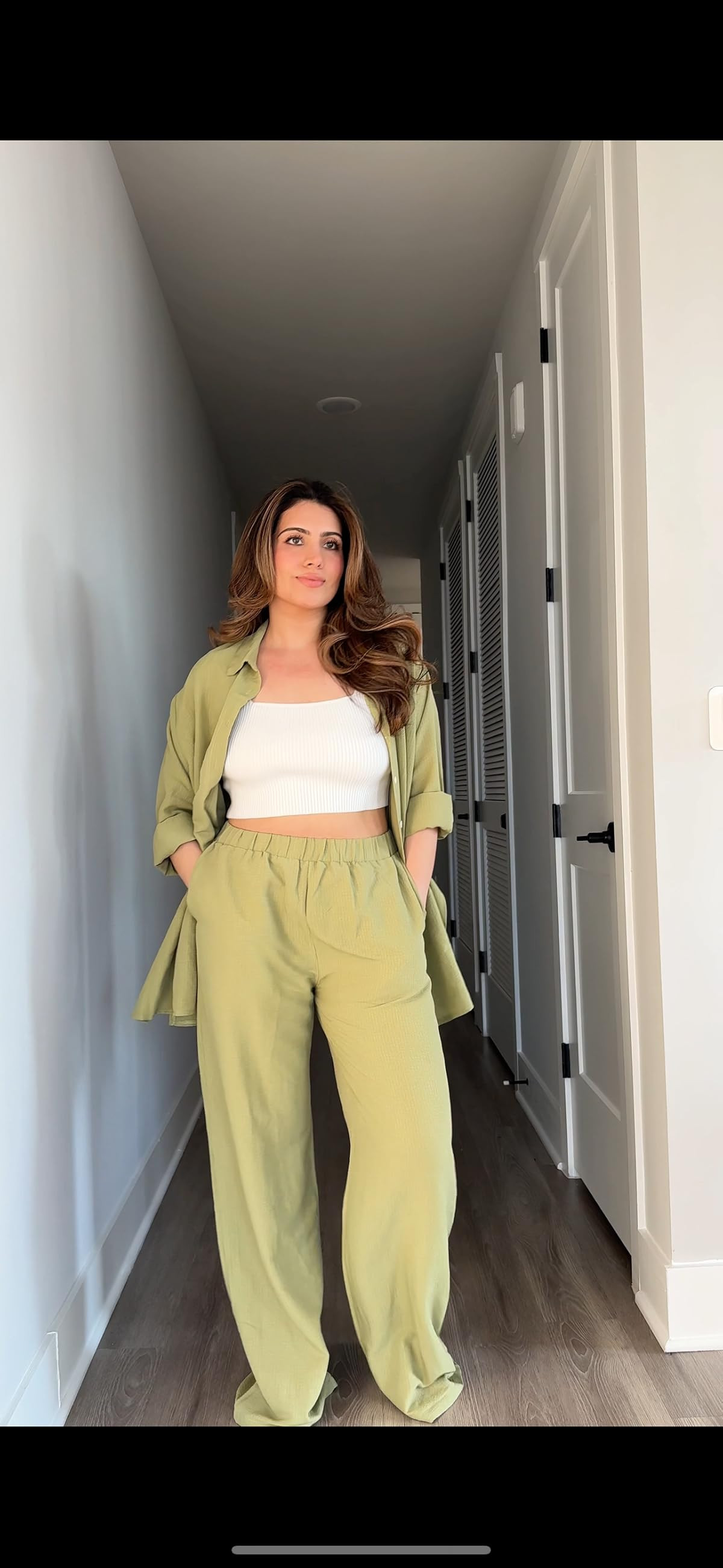 Floerns Women's 2 Piece Outfits Slit Hem Longline Blouse and Wide Leg Pants Set | Amazon (US)