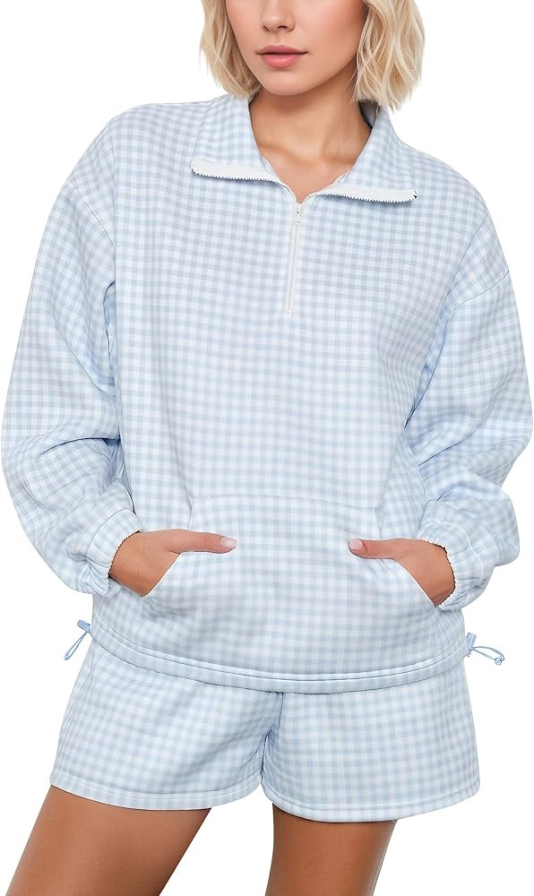 TERIVEEK Women Gingham 2 Piece Half Zip Long Sleeve Sweatshirt Shorts Set | Amazon (US)